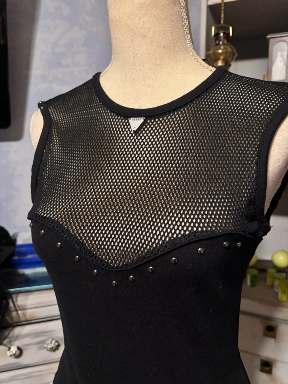 Guess Black Mesh Studded Bodycon Dress XS Sleeveless Sheer Panel - Picture 4 of 12